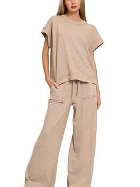Zenana Washed Slub Short Sleeve Tee & Wide Leg Pants Lounge Set Ash Mocha NWOT